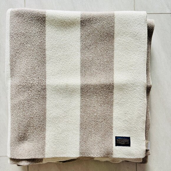 Pendleton Wool Blanket Full/Queen Size Custom One of a Kind Beige White Striped - Picture 2 of 7